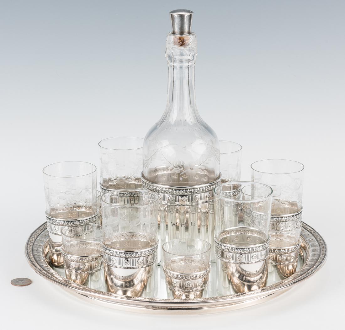 Sterling and Glass Brandy Set with Tray: Matthews Company (Newark, NJ, working 1907-ca. 1936) sterling silver and etched glass set of glasses and decanter with tray. Set consists of crystal brandy decanter with sterling overlay cork stopper