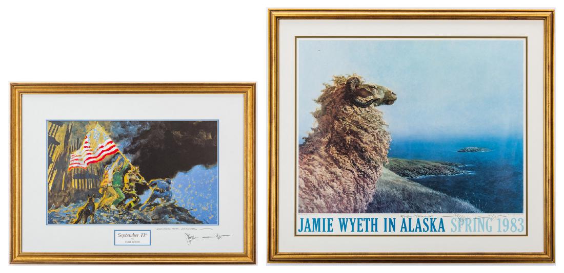 Jamie Wyeth Signed Print & Poster: Two (2) Jamie Wyeth (American, born 1946) prints. 1st item: Print titled "September 11th" depicting the raising of the American flag after the the Sept. 11, 2001 attack on the World Trade Center in Ne