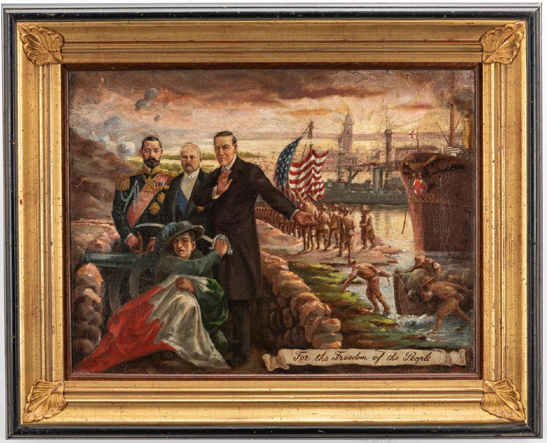 WWI painting "For the Freedom of the People": World War I Propaganda Illustration oil on canvas painting titled "For the Freedom of the People". Depicts Allies President Woodrow Wilson, Tsar Nicholas, French Prime Minister George Clemenceau, and 