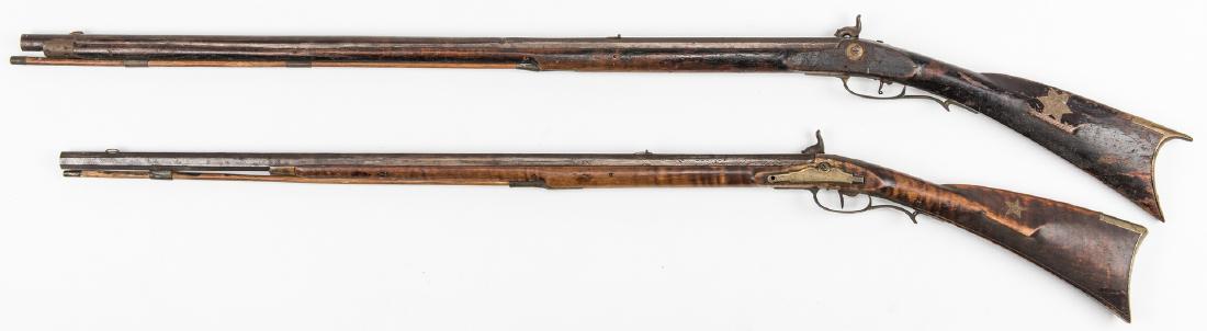 2 Kentucky Percussion Long Rifles: Two (2) Kentucky Percussion Long Rifles. 1st item: Kentucky Full Stock Percussion Long Rifle, .45 caliber. Lock plate marked "Henry Parker Warranted". Maple stock, half octagonal, half round barrel, b