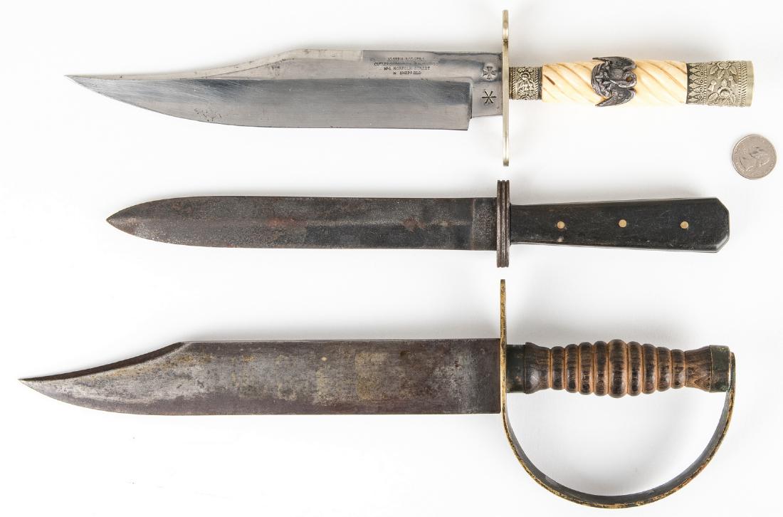 Three (3) 20th Century Reproduction CSA Style Knives: Three (3) 20th Century Confederate style knives with 19th century elements. 1st item: 20th century Joseph Rogers Sheffield Silver Mounted Clip Point Bowie Knife with Presentation Box. Ivory grip with 