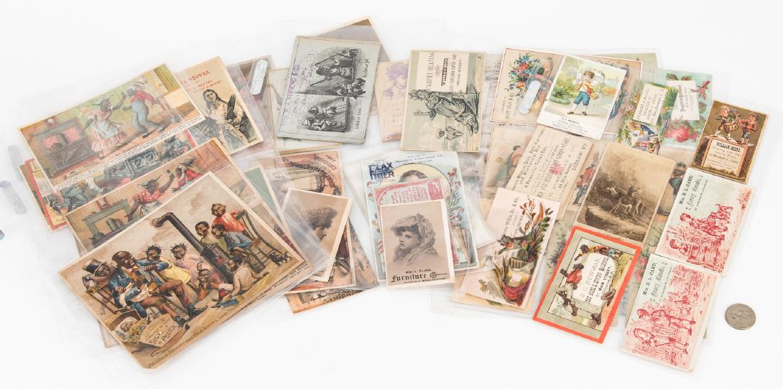 Collection of 784 Advertising Trade Cards: Approximately seven hundred and eight-four (784) stove, coal, furniture, hardware, assorted retail trade cards, business, and calling cards, including Black Americana and Native American subjects. 1st