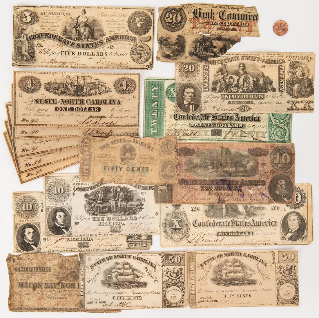 17 CSA/Obsolete Bills, incl. McDonald BN signed: Seventeen (17) Confederate States of America (CSA) and Southern Obsolete banknotes, inc. McDonald Battalion signed. 1st item: One (1) $10 bill, signed by Robert J. Rhodes, 3rd (Forrest's Old) Cavalry