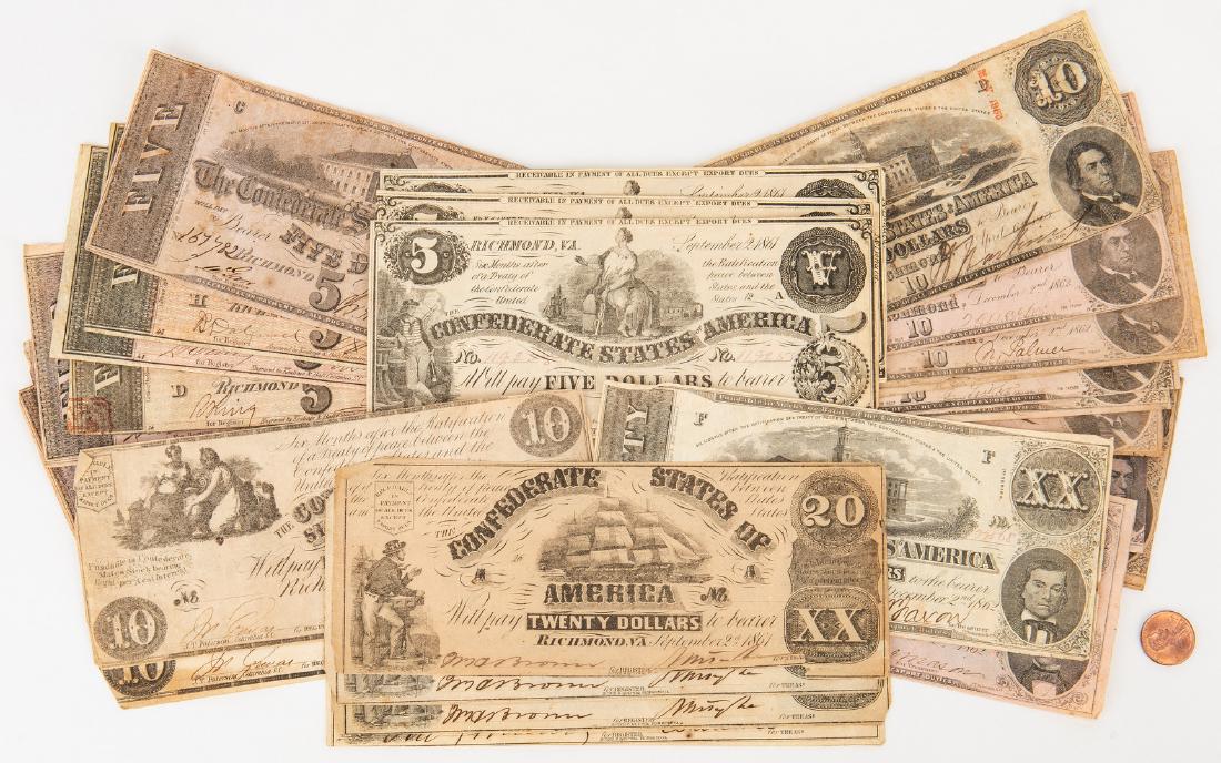 Group of 31 Confederate $5, $10, & $20 Bills: Thirty-one (31) Confederate States of America (CSA) Bills of various dates, including sequential serial numbers and pink necessity paper. 1st-4th items: Four (4) $20 bills, Series unspecified, issued 