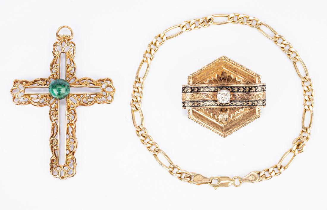 3 items 10K Jewelry incl. Victorian pin: Group of three (3) items 10K jewelry including Victorian hexagonal pin with approximately .40 ct round diamond (J-K, SI, 1 1/4" sq.); filigree cross with malachite at center (2 1/4" x 1 1/2"), and Ita