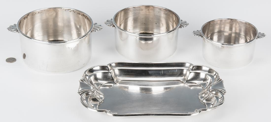 International Sterling Tray & 3 Christofle Nesting: International Sterling Silver Tray and 3 Christofle nesting pots, 4 items total. 1st item: International bread tray, pattern H271, having shaped sides and rounded corners. 1 1/8" H x 12 1/2" W x 8 3/4