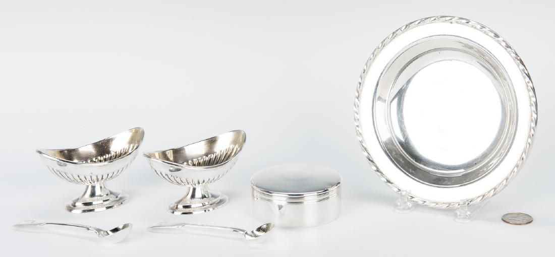 Group of Sterling Silver, incl. Boxed Salt Set: Three (3) assorted sterling silver items. 1st item: Cased English sterling silver salt set consisting of two (2) Neoclassical open salt cellars with marks for Charles Boyton & Son, London, date marks 