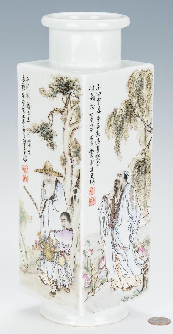 Chinese Famille Rose Porcelain Vase w/ Calligraphy: Chinese Famille Rose porcelain vase, squared form, each side with figural landscape decoration, calligraphy inscriptions, and red seals. Red archaic seal form mark to the base. 12 3/4" H. 20th century