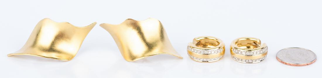 2 Pairs 18K Italian Earrings incl. Lalounis: Two (2) pairs of 18K Italian Earrings including Ilias Lalounis. 1st item: Pair of Ilias Lalaounis 18k yellow gold satin finish earrings in wave motif. Maker's mark on post and earring base. 1 1/2" H x