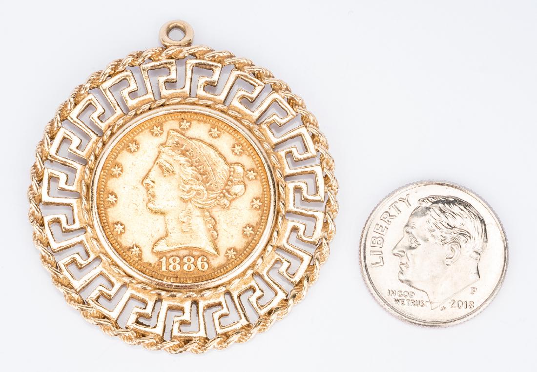 1886 Gold Coin Pendant: 1886 Liberty Head five dollar gold coin, (0.900 fineness) mounted in 14k yellow gold Greek key and rope bezel frame, 1 1/2" diameter overall. 15.6 grams total. Provenance: Private Knoxville, TN estate
