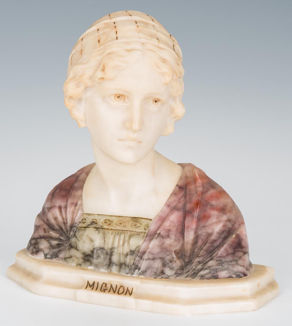 G. Bessi sculpture, Mignon: (Professor) Giuseppe Bessi or Besji (Italian, 1857-1922) alabaster and quartz bust of a young woman with slightly turned head and upcast eyes, titled "Mignon" on front of base. Signed lower right, rea
