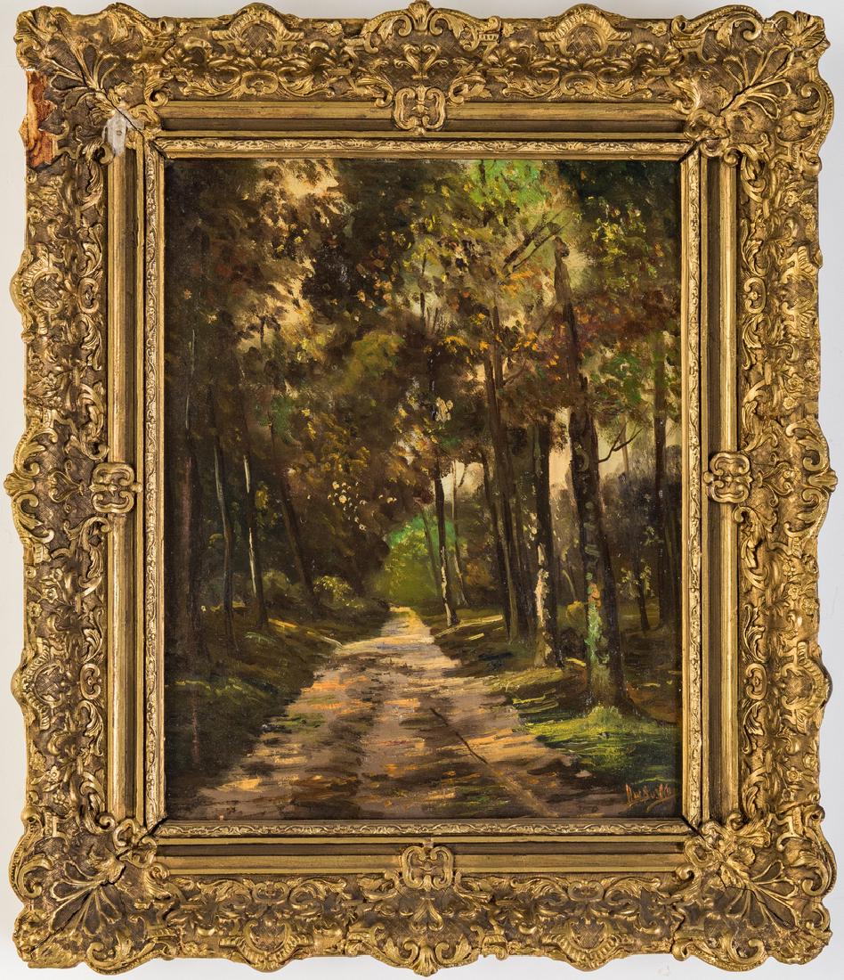 Continental School, 19th century Landscape in antique: Continental School, late 19th century oil on canvas landscape depicting a tree lined, sun-dappled road, signed lower right "H.W. Buskey(?)". Housed in the original Rococo style giltwood and compositio