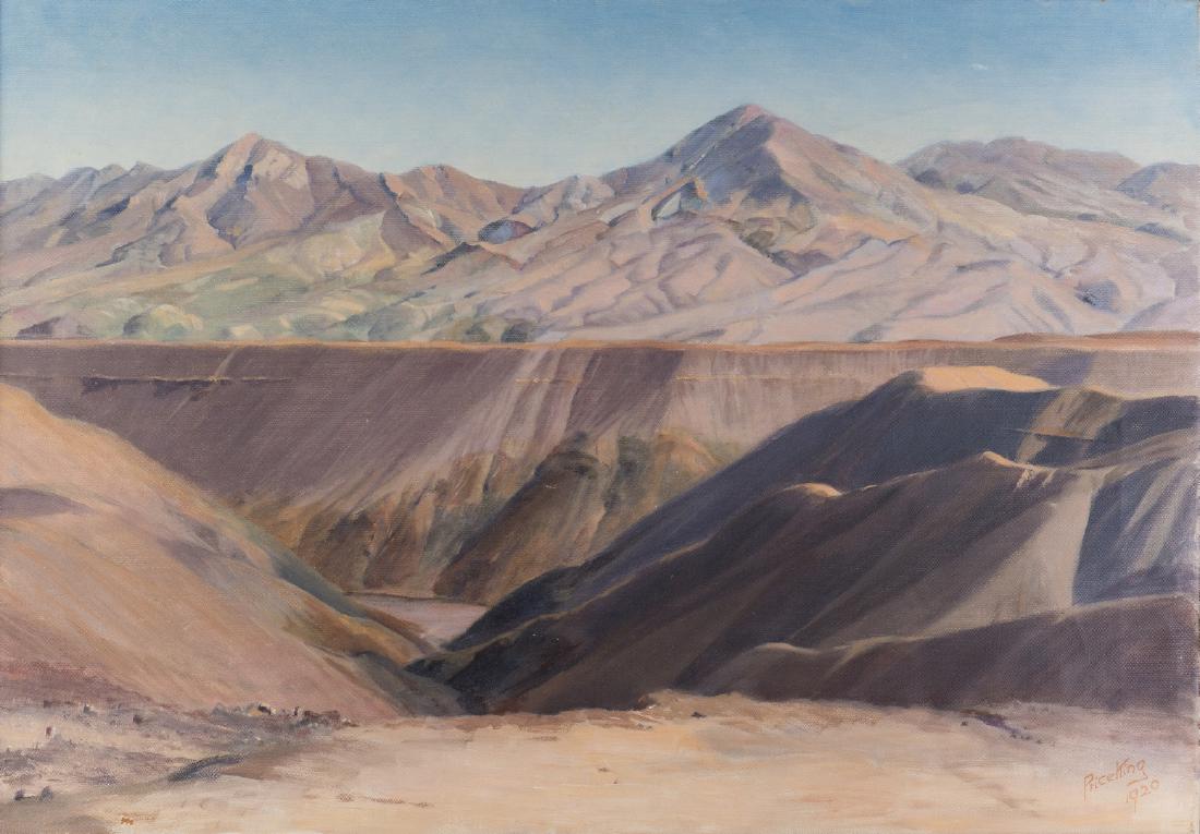 Alice King Desert O/C, Desert Landscape: Alice Price King (British, active 1907-1922) oil on canvas painting depicting a desert landscape, likely in Chile. Signed and dated lower right "Price King/1920" and housed in the original carved gilt