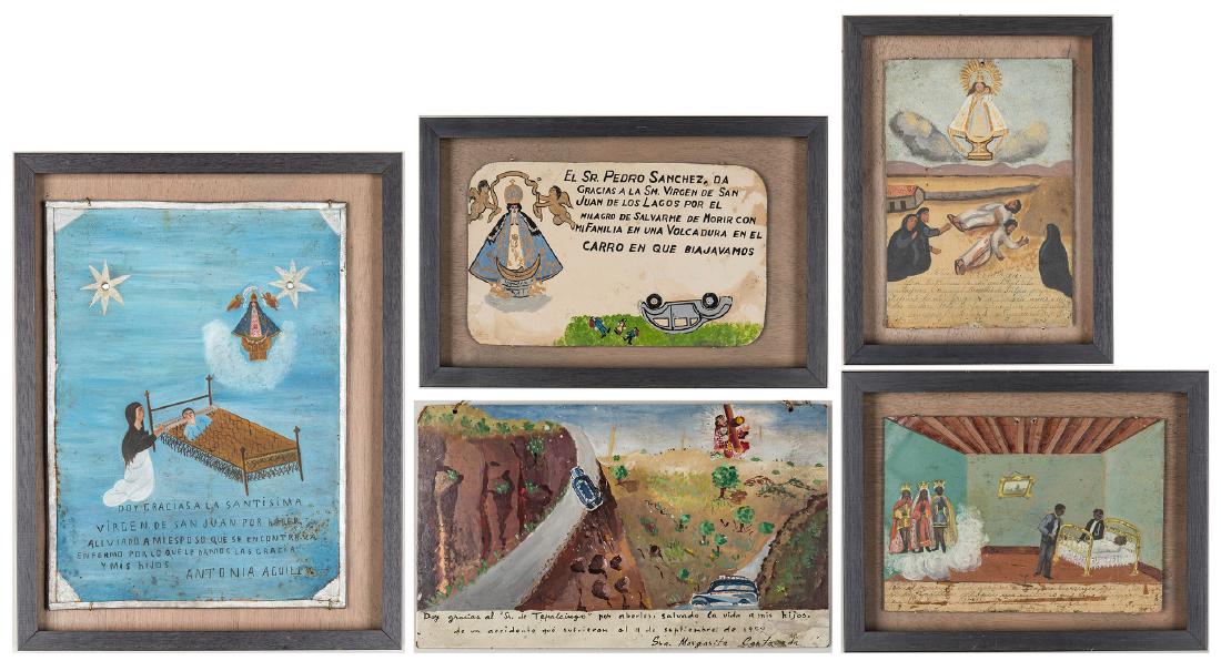 Assembled Group of 5 Ex-Voto Mexican Retablos: Grouping of five (5) 20th century Mexican religious painted folk art ex-voto retablos, including one (1) bus accident miracle, one (1) car accident miracle, and three (3) healing miracles. Four (4) fr