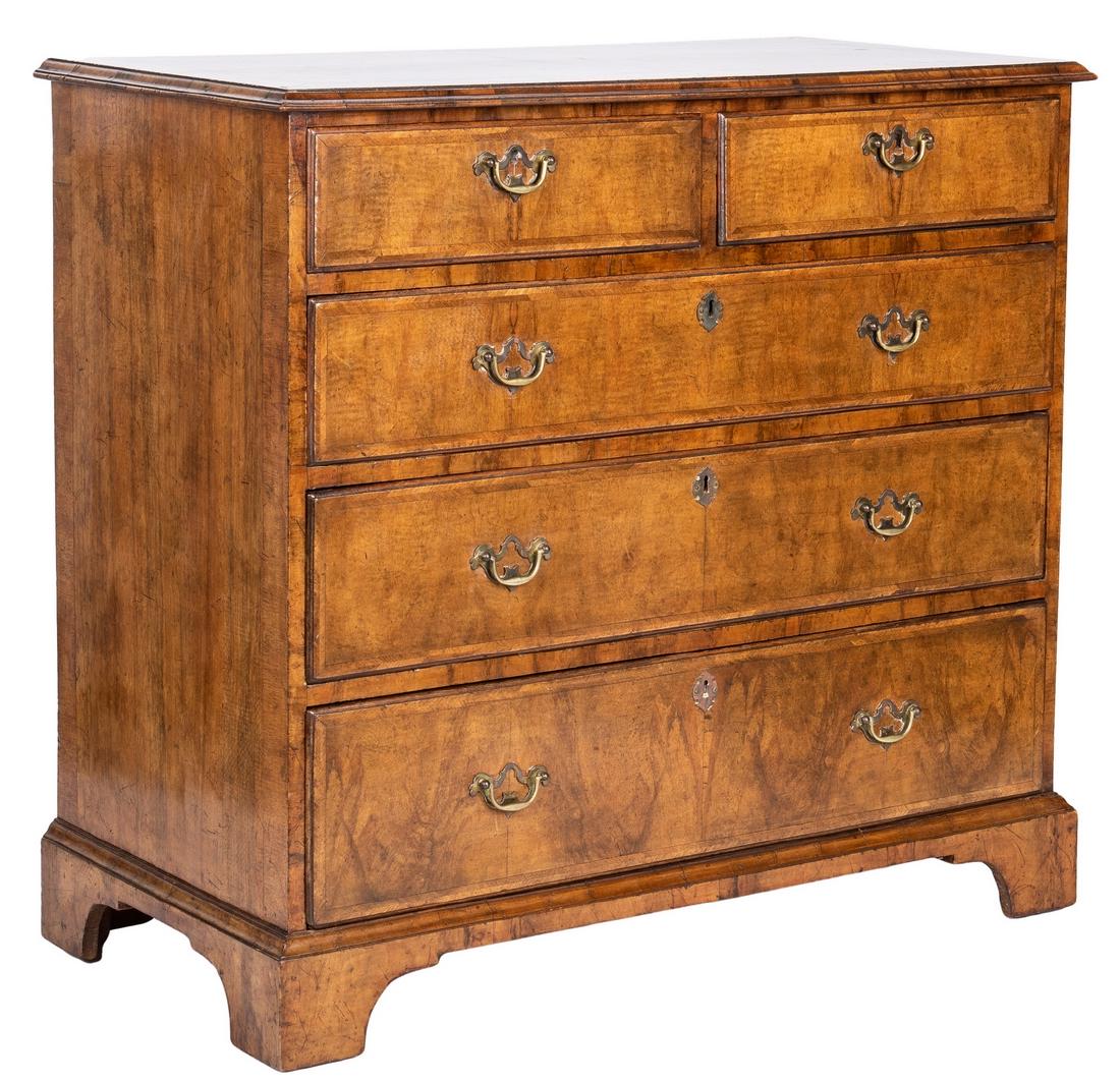 English Burlwood Chest of Drawers: English burlwood chest of drawers with burlwood veneers, pine and other woods secondary. Comprised of a slightly overhanging molded top having a band of herringbone inlay, above two over three graduat