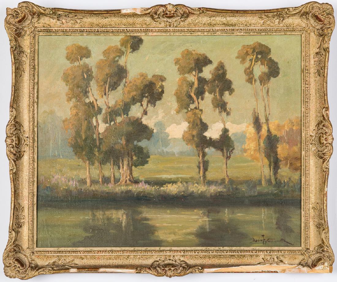 Davis Schwartz Landscape with Eucalyptus: Davis Francis Schwartz (California, 1879-1969) oil on artist's board, landscape depicting an eucalyptus trees along riverbank with wildflowers. Signed lower right. Housed in a giltwood molded frame. S