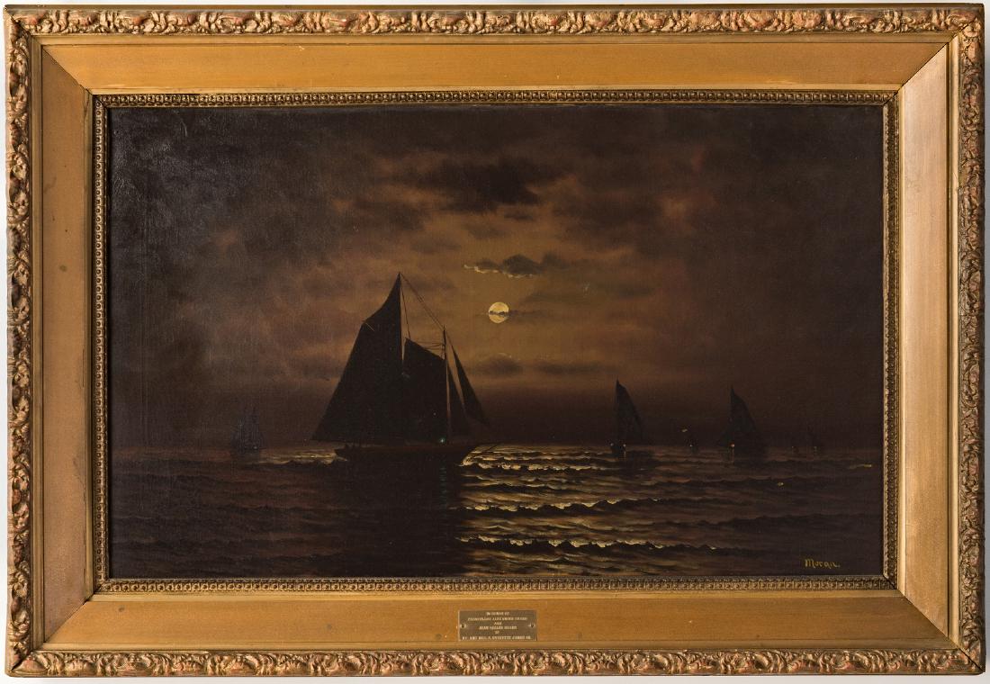O/C Sailboats at Night, signed Moran: Oil on canvas seascape painting of group of sailboats at sea in moonlight, in the style of Edward Moran (PA, NY, 1829-1901). Signed lower right. Commemorative brass plaque on frame. Sight - 21 3/4" H