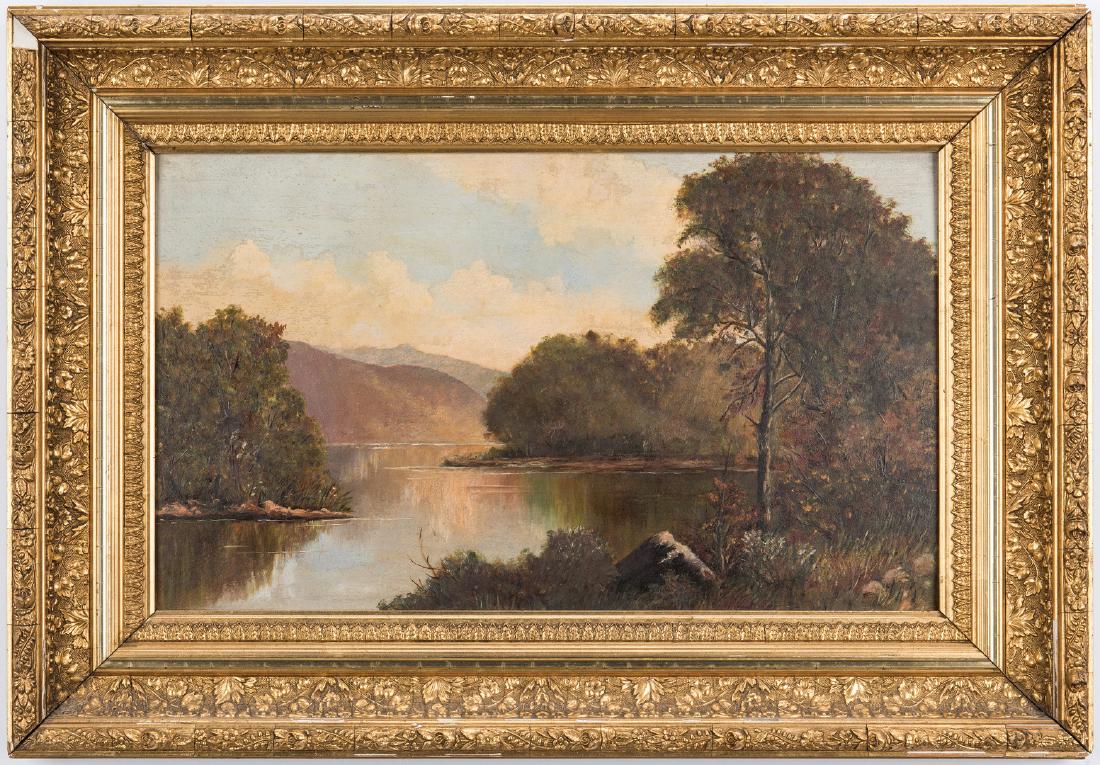 American School O/C, River Scene Landscape, unsigned: American or British School oil on artist's board painting depicting an autumn landscape river scene with trees and mountains in the distance. Unsigned. Figural blue ink stamp on back of board. Housed