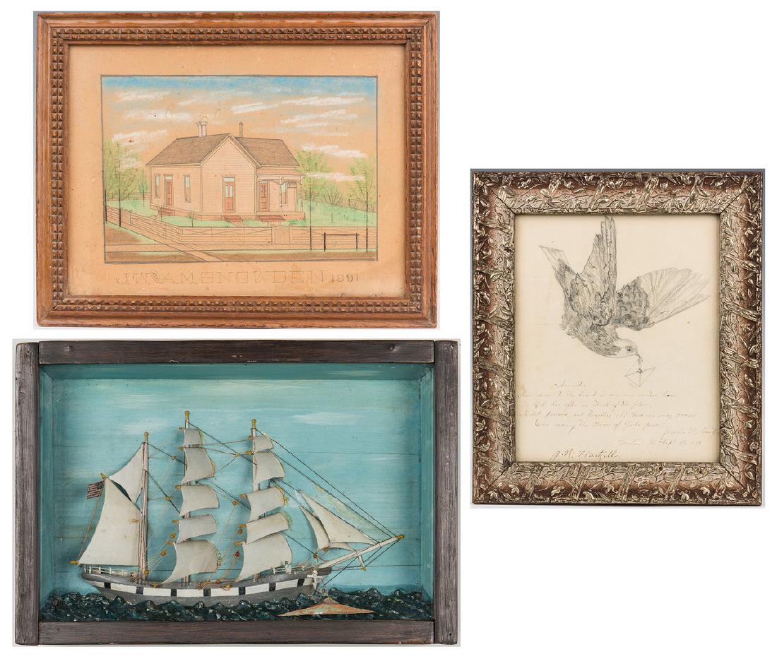 3 19th Century Folk Art Works, incl. Ship Diorama: Three (3) 19th Century Folk Art Works, including ship diorama. 1st item: Encased 19th century folk art ship diorama of a masted American clipper ship at sea, against a blue sky backdrop. Housed in the