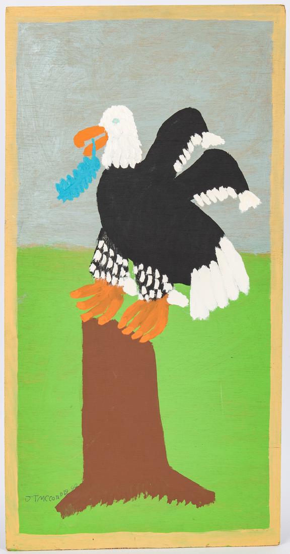 J. T. McCord Folk Art Eagle Painting: Jake "JT" McCord (American/Georgia, 1948-2009) folk art oil on plywood board painting depicting an eagle resting on a tree stump with a branch in its mouth. Signed and dated "1990" lower left. Unframe