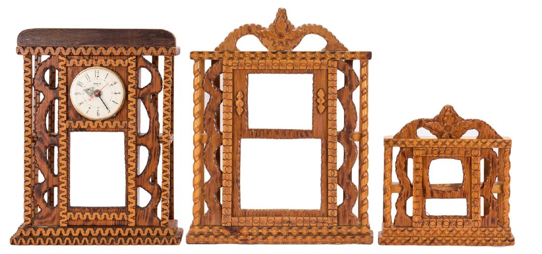 3 Howard Finster Folk Art Shelf Clock Cases: Three (3) Howard Finster (American, 1916-2001) folk art carved and painted wall or shelf clock cases, comprised of mixed woods including plywood with carved and painted decoration. The largest case fi