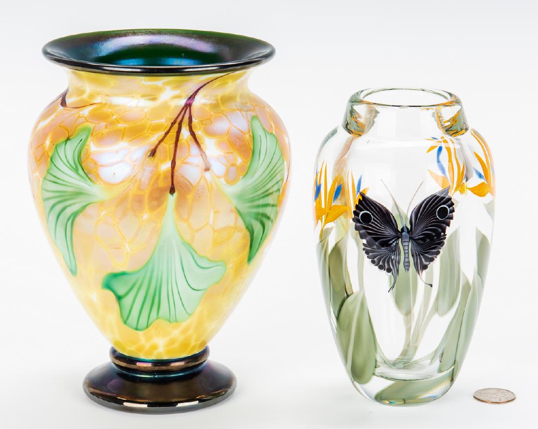 2 Orient & Flume Art Glass Vases: Two (2) Orient & Flume Art Glass Vases. 1st item: Orient & Flume Bruce Sillars and Scott Beyers iridescent art glass vase, yellow mottled ground with pale green ginkgo leaves. Incised "Orient & Flume"