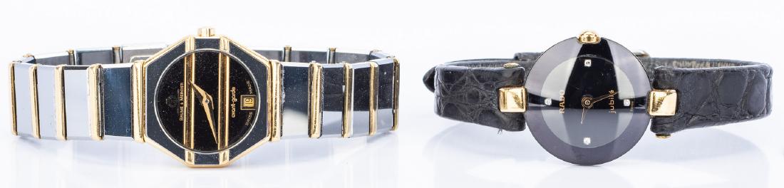 Lady's Baume & Mercier & RADO Watches, 2 items: Two (2) lady's designer watches. 1st item: Lady's Baume & Mercier Avant-Garde stainless steel wrist watch, Swiss made, marked Geneve, 1830, Acier Inox, 5234.038, 1491840 en verso. 6 1/4" L, no additio