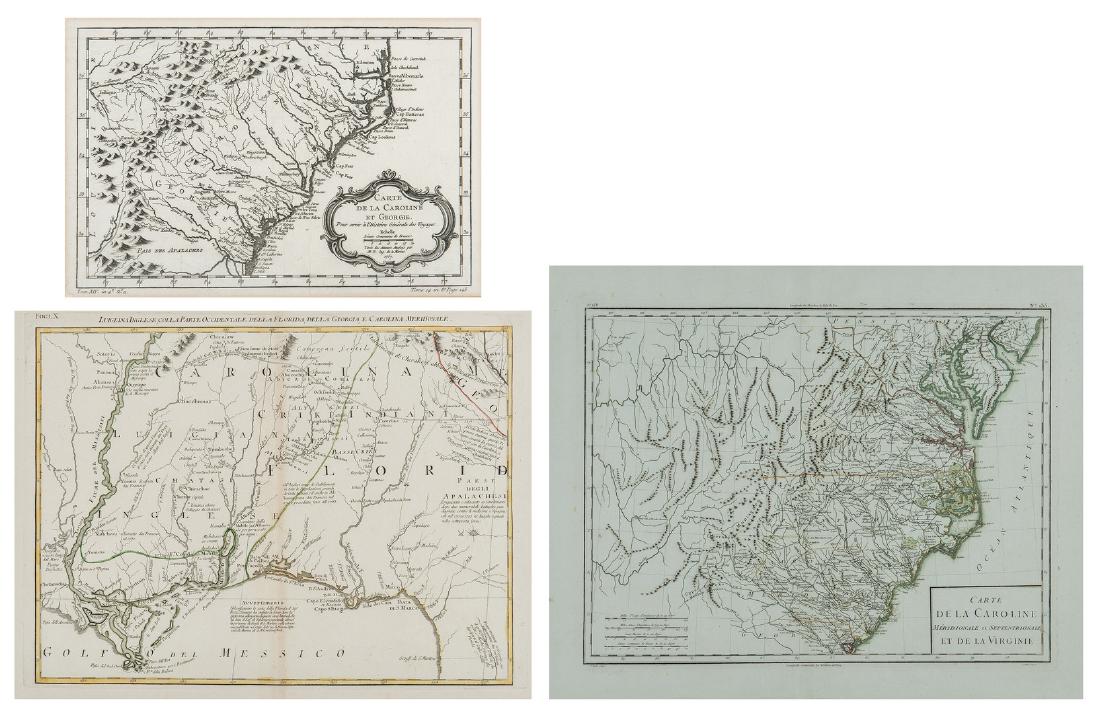 3 Southern Maps, inc. Bellin, Tardieu, Zatta: Three (3) Southern maps, including Bellin, Tardieu, and Zatta. 1st item: Carte de la Caroline et Georgie by Jacques Nicolas Bellin (French, 1703-1772) from Histoire Generale des Voyages by Antoine Fra