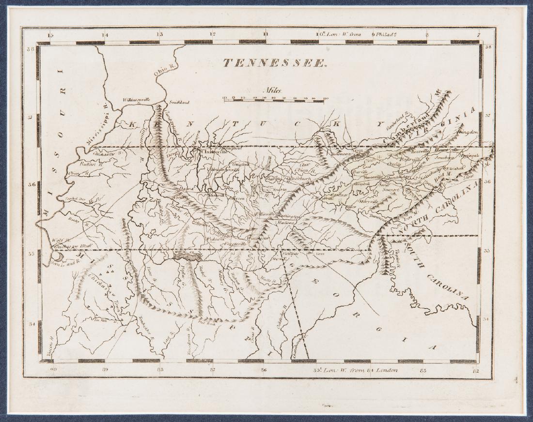 Tennessee Map, 1816 Carey: "Tennessee" Map, published by Matthew Carey and Benjamin Warner, Philadelphia, 1816. From "A General Atlas" by Matthew Carey. Copper plate engraving depicting Tennessee and the surrounding states with