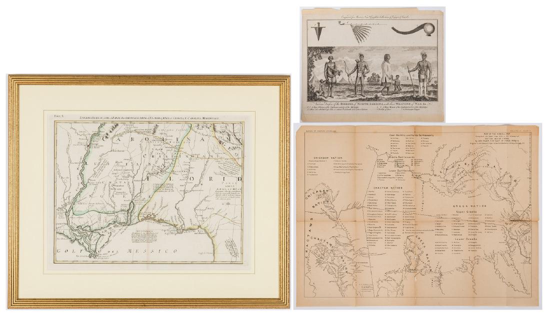 3 Native American Items, incl. A. Zatta Map: Three (3) Native American maps and engravings. 1st item: Luigiana Ingelise, Colla Parte Occidentale della Florida, della Giorgia, e Carolina Meridonale, Sheet 10, showing Native American lands, publis
