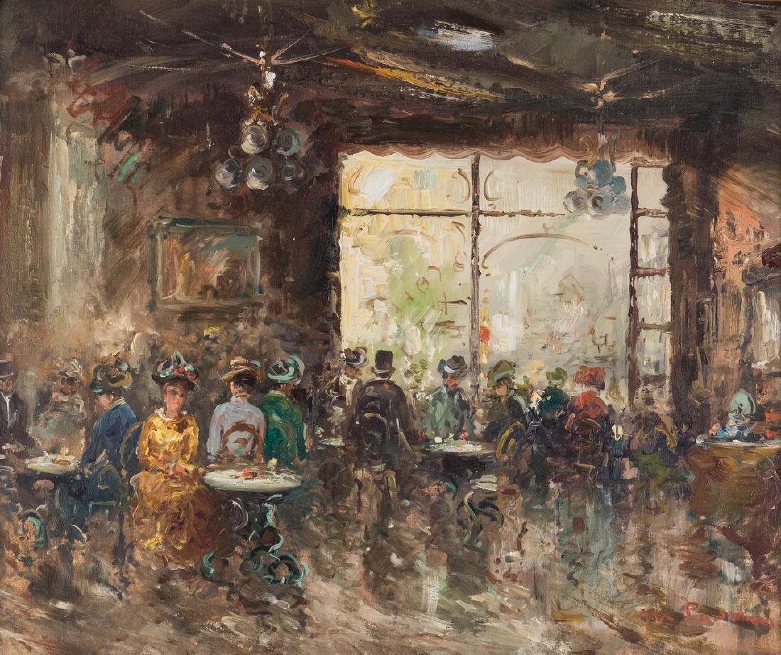 M. Passoni O/C, French Cafe Impressionist Painting: Mario Passoni (Italy, b. 1929) impressionist oil on canvas painting titled "French Cafe" depicting figures in the interior of a Parisian cafe. Signed in red lower right. Robert Sills Gallery, North Ho