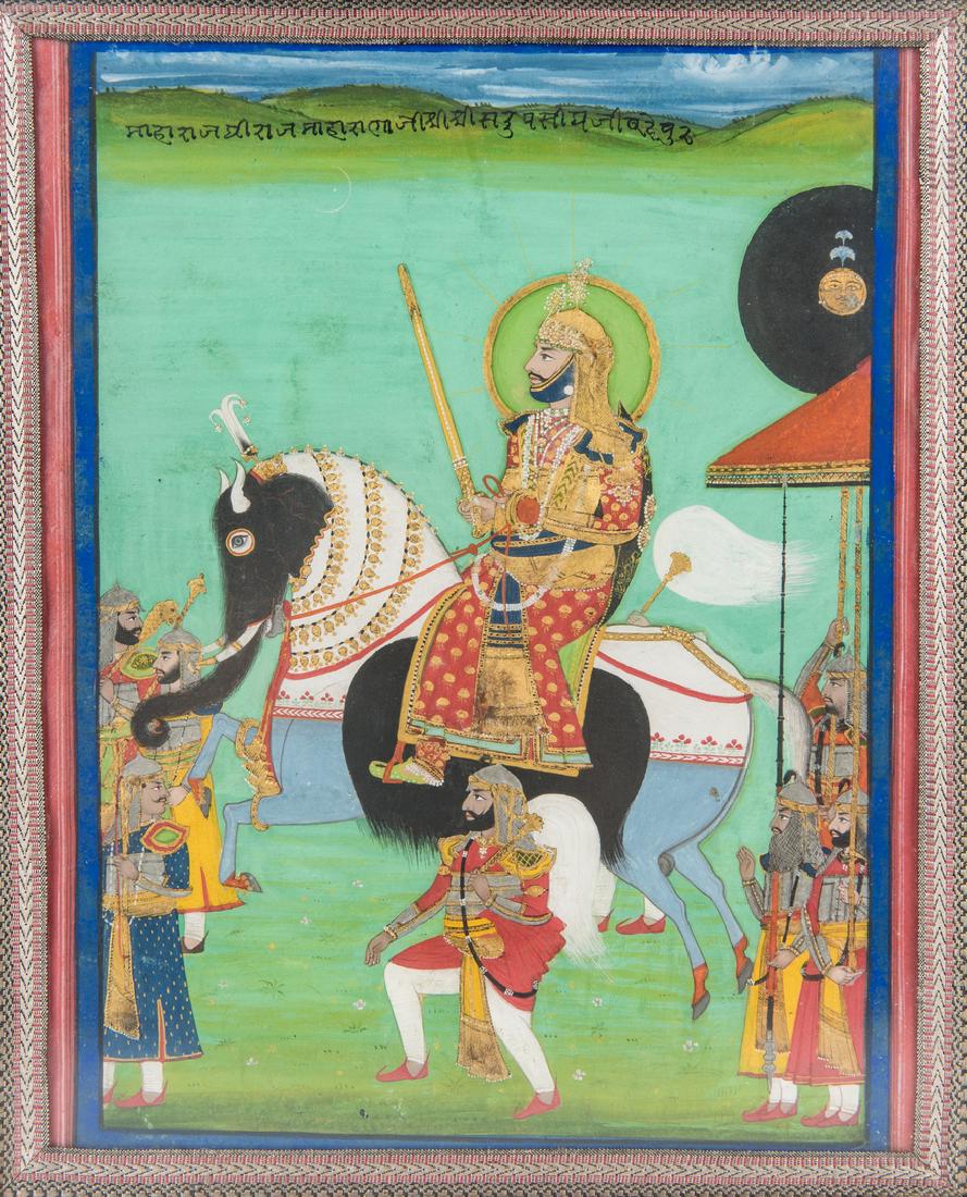 Anglo Indian Watercolor, Mughal Nobleman: Anglo Indian equestrian portrait watercolor and gouache on paper with gilt embellishments, depicting a Mughal emperor or nobleman on horseback holding a sword and dressed in fancy attire, with attenda