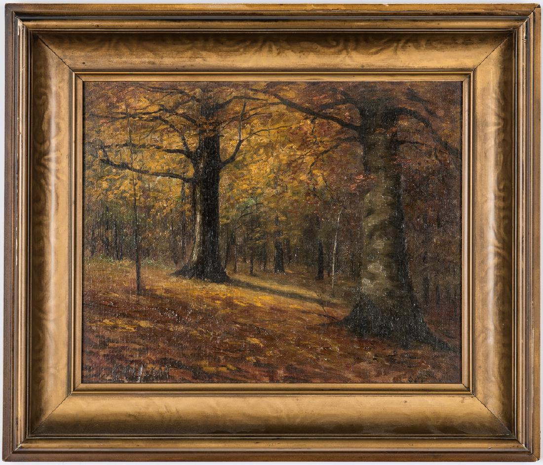Thomas M. Cleland O/B, Fall Landscape: Thomas Maitland Cleland (New York/Connecticut, 1880-1964) oil on board painting depicting a fall forest landscape. Signed lower left with illegible notation lower right. Housed in the original gilt fr