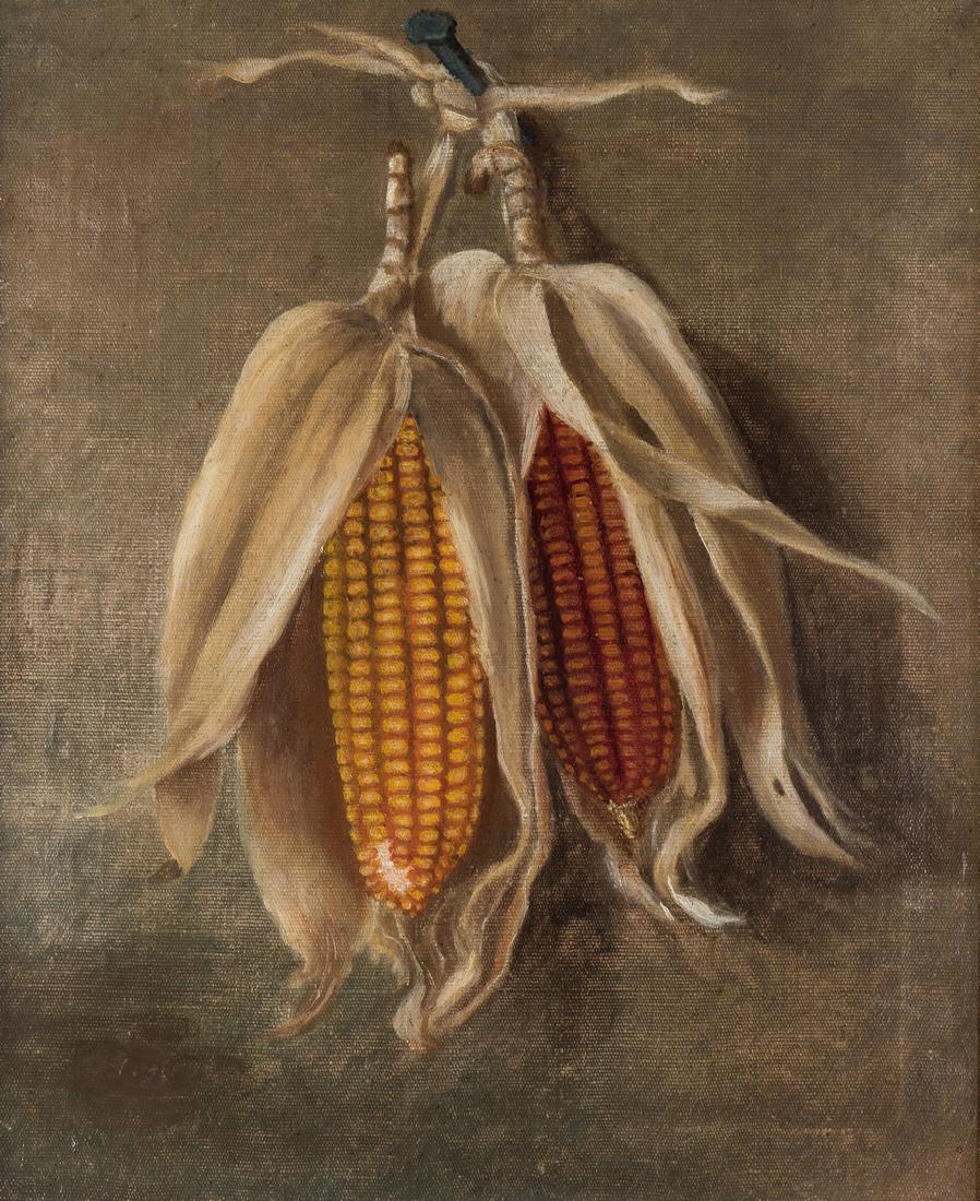 Robert Armstrong O/C, Dried Corn Still Life: Robert Houston Armstrong (Tennessee, 1825-1896) oil on canvas still life depicting dried corn hanging from a nail. Possible faint signature lower left. Old label en verso reads "Painted by Robert Hous