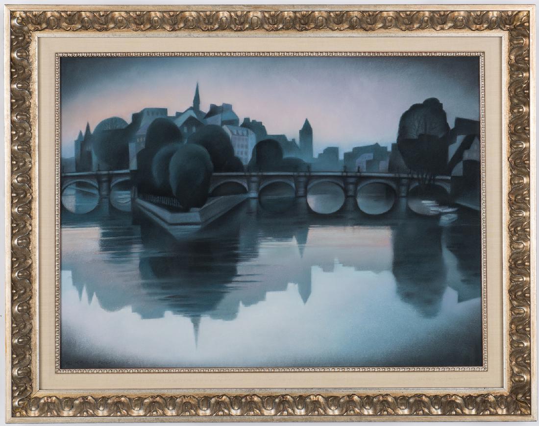 Gary R. Kelley Pastel Cityscape: Gary R. Kelley (American, b. 1945) pastel cityscape painting depicting a sunset with a bridge. Signed lower left. Housed under glass in carved silver giltwood frame with ivory silk mat and silver gilt