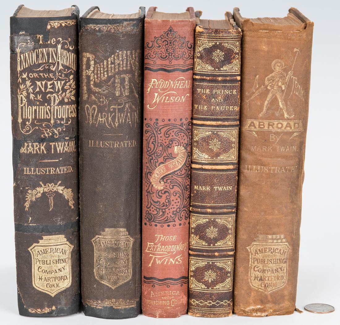 5 Mark Twain Books, incl. 1st Eds.: Five (5) Mark Twain Books, including First Edition and First American Editions. 1st item: Roughing It, First American Edition, by Mark Twain (Samuel L. Clemens), 1872. Published by American Publishing