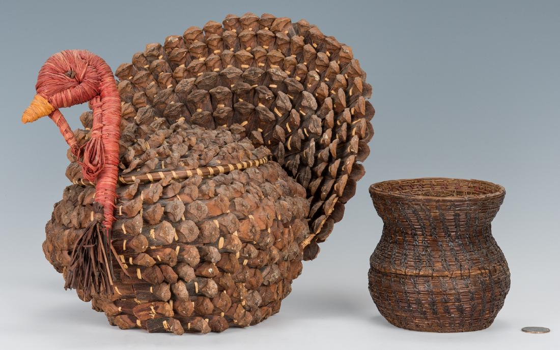 Native American Coushatta & Seminole Pine Needle: Native American Coushatta & Seminole Pine Needle Baskets, 2 items total. 1st item: Native American Coushatta (Louisiana) pine cone and needle lidded effigy basket in the form of a turkey. 10 3/4" H x