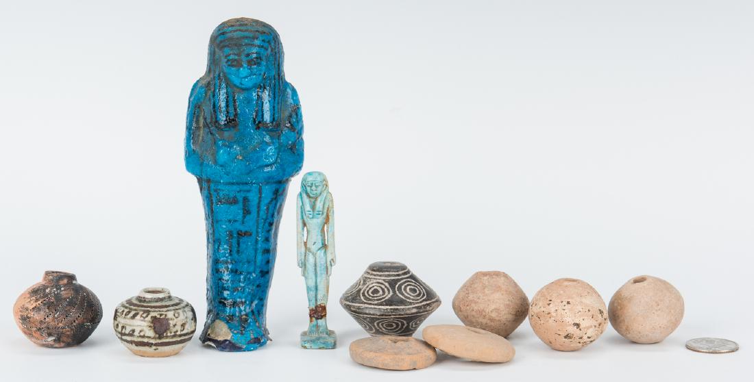 16 Assorted Egyptian and Pre-Columbian Relics: Ten (10) New and Old World items, including Ancient Egyptian. 1st item: Egyptian blue faience ushabti with crossed arms, black painted detailing to face with five columns of hieroglyphics to front and