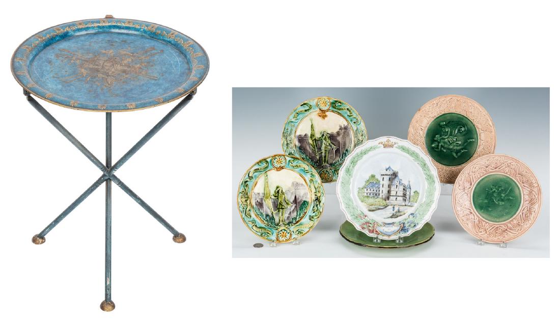 6 European Ceramic Dishes plus Tole Stand: Seven (7) European Decorative Accessories, including majolica, faience, earthenware and tole. 1st-6th items: Six (6) majolica plates, including two (2) English by Griffin, Smith & Hill, one (1) from M