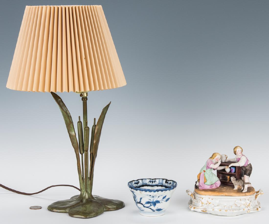3 Desk Items, incl. Lamp, Japanese Dish, & Inkwell: Three (3) decorative desk items, incl. lamp, Japanese dish, and inkwell. 1st item: McClelland Barclay bronze figural lamp in the form of cattails on a shaped base. Incised mark on the base. Lamp witho