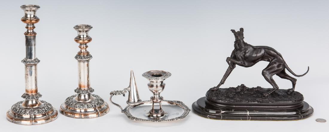 Matthew Boulton Chamberstick plus 2 Candlesticks &: Matthew Boulton chamberstick, two (2) candlesticks, and a bronze greyhound dog figure after Pierre Jules Mene (4 items total). 1st item: Old Sheffield Plate silver on copper chamberstick with double s