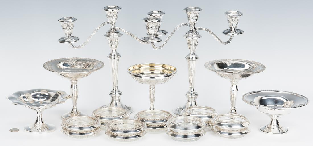 Assorted Sterling Weighted Items: Assorted grouping sterling table items, weighted and overlay: Pair Gorham Chantilly pattern 890 3-lite candelabras, 11 1/4" H; Pair Fisher Rose Bouquet pattern 907 footed compotes, 5 3/4" H; Watson Co