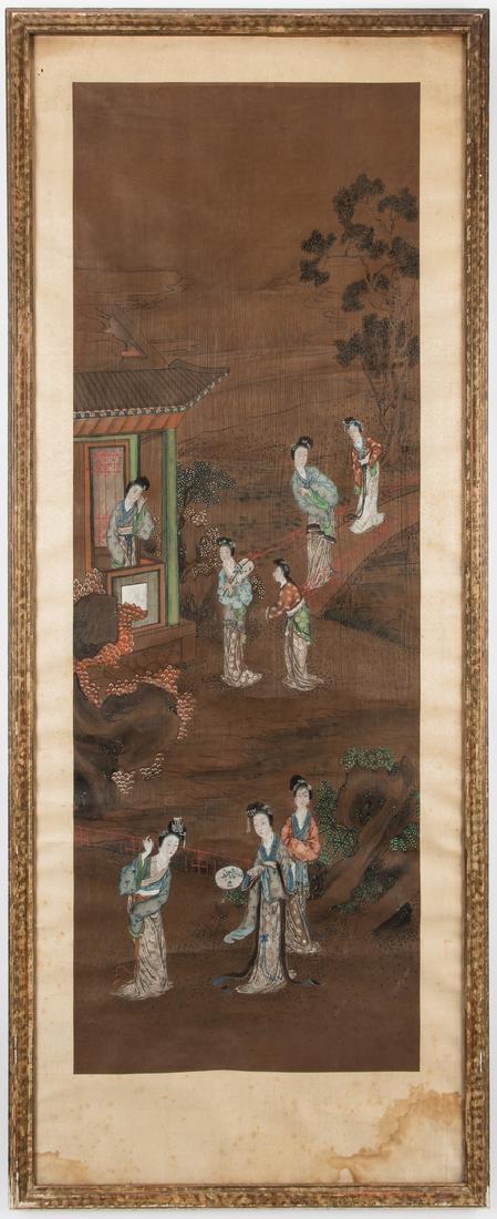 Chinese Qing Scroll Painting: Large Chinese watercolor and gouache scroll painting depicting females in formal dress engaging in various activities in a landscape setting, one standing on a balcony. Housed in a painted wood frame.