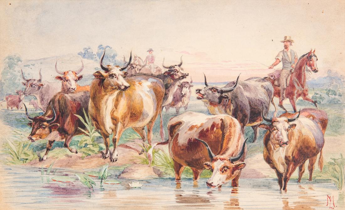 Louis Maurer Watercolor of Cows and Horsemen (1 of 11)