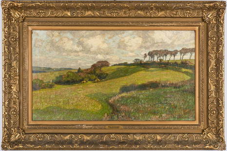 William Wendt O/C Landscape, Exhibited: William Wendt (American/California, 1865-1946) large plein-air impressionist oil on canvas landscape titled "Breezy Uplands" depicting a lush green pasture with a copse of trees to the right under a