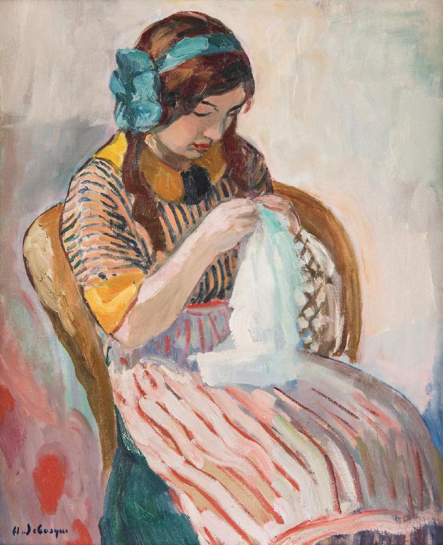 Henri Lebasque O/C, Girl Sewing: Henri Lebasque (French, 1865-1937), "Jeune Fille Cousant," oil on canvas painting of a young girl wearing a pink and yellow dress and a blue bow in her hair, seated in a chair and looking down at a pi