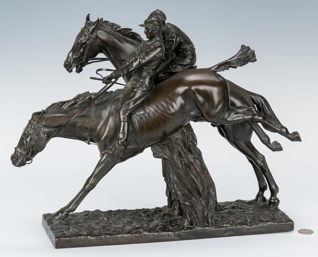 Jean-Leon Gerome Bronze Sculpture, Jockeys on Horseback: Jean-Leon Gerome (France, 1824-1904) bronze sculpture depicting two jockeys on horseback, jumping over a hedge. Signed "J L Gerome" left side of base, with Siot Decauville Fondeur Paris foundry mark a