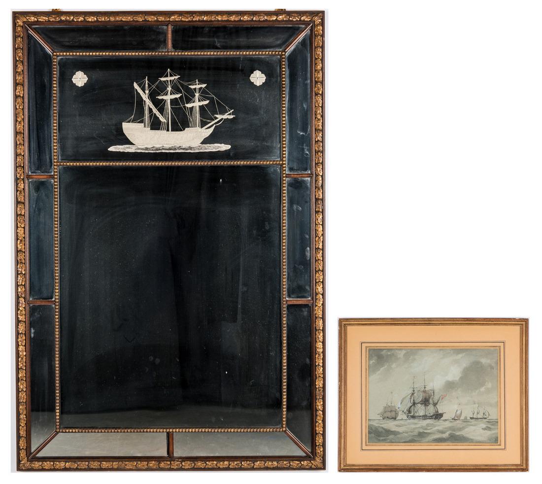 English School Watercolor of Masted Ships & Mirror w/ (1 of 16)