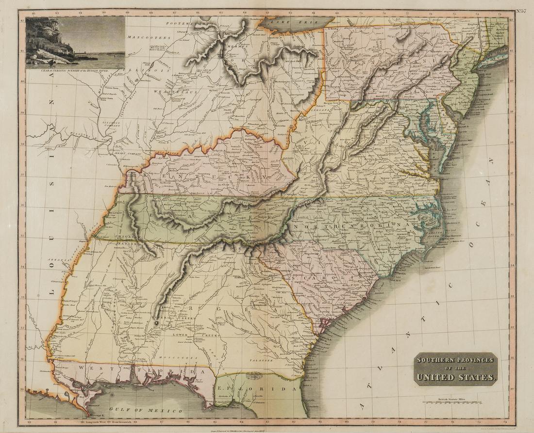 Thomson/Hewitt Map, 1817 Southern Provinces of US: "Map of the Southern Provinces of the United States", drawn and engraved by N. R. Hewitt, published by John Thomson, Edinburgh, John Cumming, Dublin, and Baldwin, Cradock, and Joy, London, 1817. From