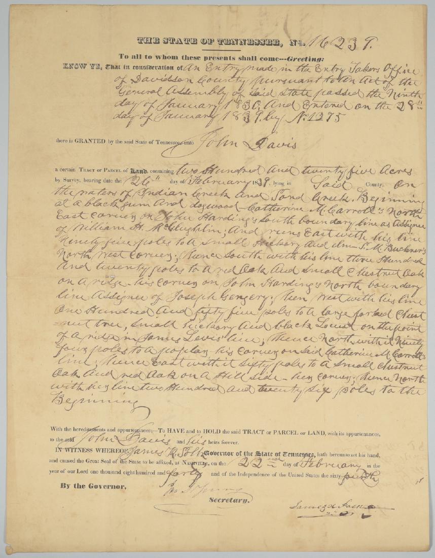James K. Polk Signed Davidson County TN Land Grant: James K. Polk signed land document, as Tennessee Governor, granting 225 acres in Davidson County to John Davis. Mentions property of John Harding as a boundary line. Dated February 22, 1840. 15 1/2" H